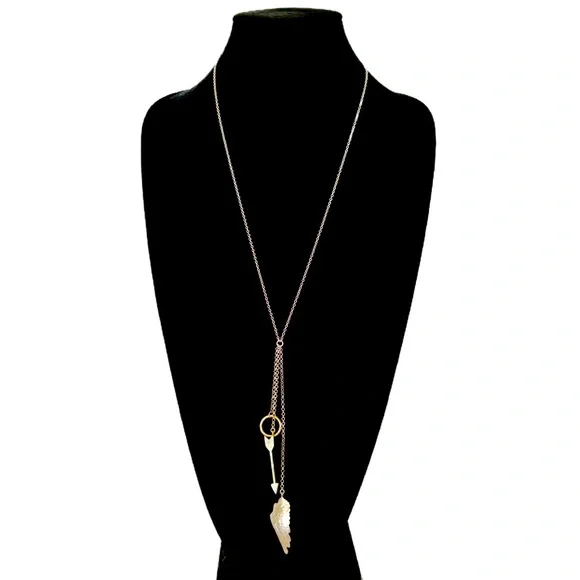BANANA REPUBLIC | Two-tone Y-Drop Circle, Arrow & Feather Pendant Necklace | NWT - Picture 3 of 7
